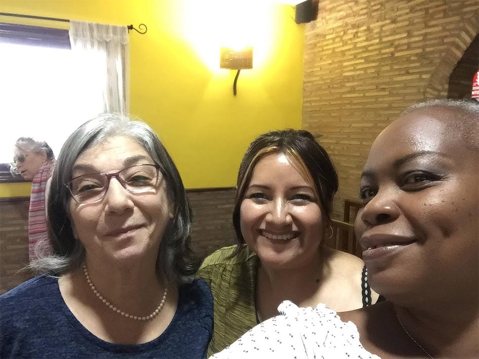 is retirement life boring? Three women in a selfie, white woman, Latina, and black woman.